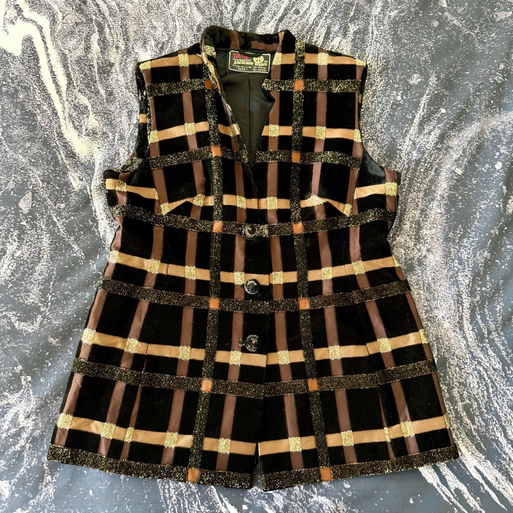 90’S Vintage Jackson Wang Velvet Shimmer Plaid Button Vest - Black Brown Gold M